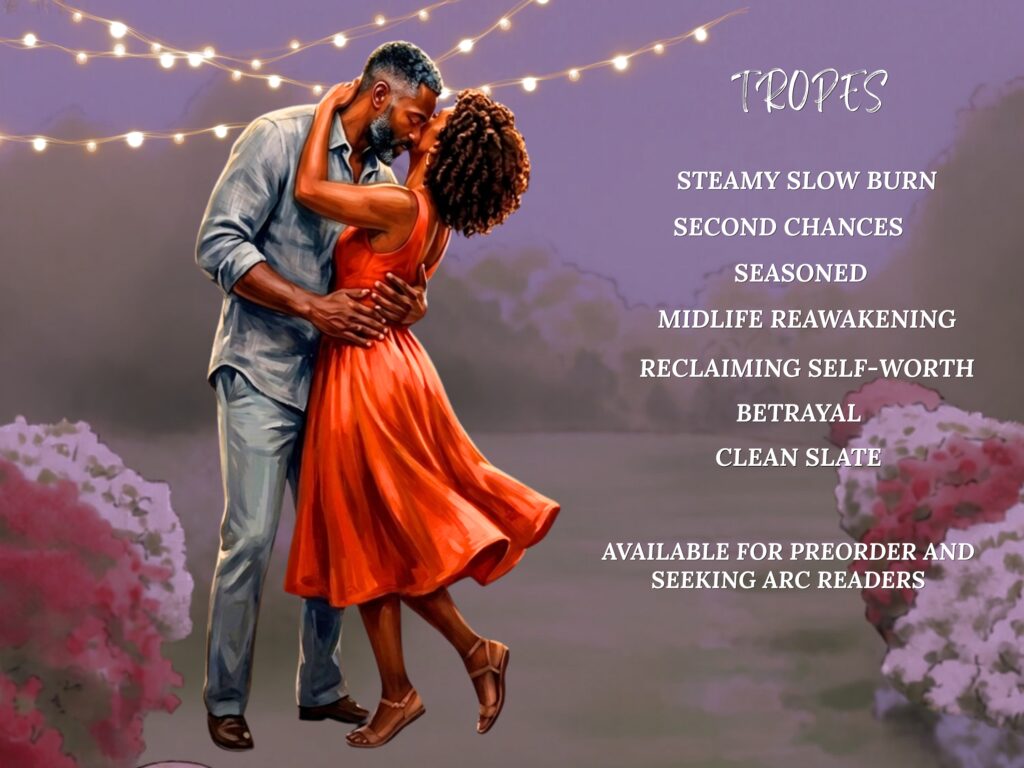 Time for Me image with Nicole and Elias and romance story tropes of steamy slow burn, second-chances, seasoned, midlife reawakening, reclaiming self-worth, betrayal, and clean slate